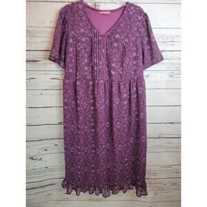 Woman Within Midi Dress Wine Purple Floral V-Neck Ruffle Bottom Women's Size 18W